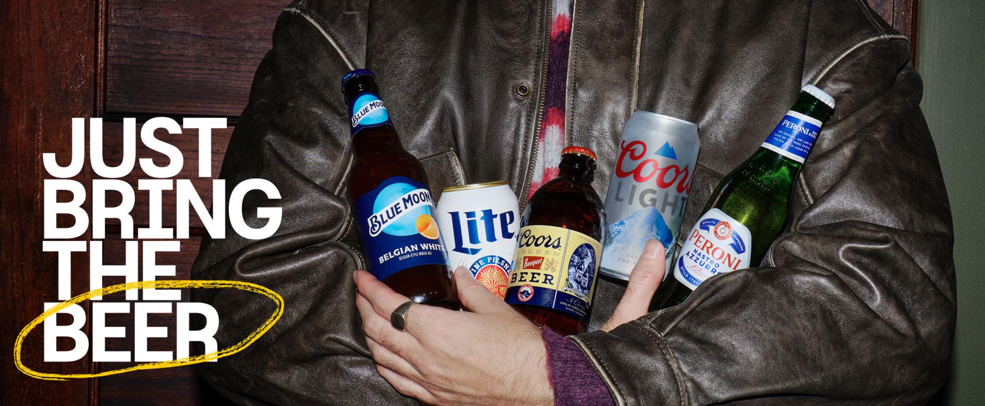 Person holding assorted beer bottles and cans with text: ‘Just Bring the Beer.’