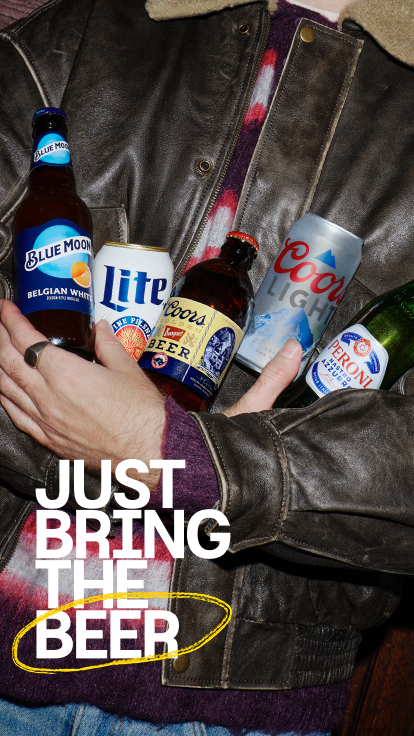 Person holding assorted beer bottles and cans with text: ‘Just Bring the Beer.’